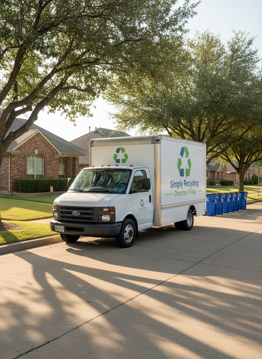 A clean, white delivery-style truck with a discreet, modern recycling symbol and the words “Simply Recycling – Doorstep Pickup” printed in tasteful blue and green on the side, parked on a quiet residential street in Granbury, Texas. Neatly placed recycling bins line the curb in the midground, while mature shade trees and well-kept single-story homes create a calm suburban backdrop. The scene is lit by clear morning sunlight, producing crisp shadows and bright highlights on the truck’s glossy surface. Captured from a three-quarter front angle at eye level, with sharp focus throughout, the image has a professional, dependable mood and realistic photographic style, emphasizing reliable local service.