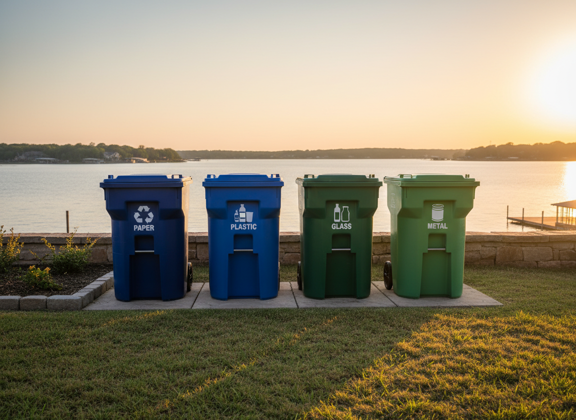 An orderly collection of labeled recycling bins aligned along the edge of a lakeside Granbury, Texas property, with the calm surface of Lake Granbury and a distant shoreline visible in the softly blurred background. The bins display clear icons for paper, plastic, glass, and metal, their vivid blues and greens contrasting with the natural tones of grass and stone edging. Warm golden-hour sunlight streams in from the side, illuminating the bin edges and casting long, soft shadows across the ground. Shot from a slightly elevated angle with a wide composition, the image blends photographic realism and a clean, modern aesthetic, evoking a peaceful, responsible lifestyle that ties local recycling to environmental protection.