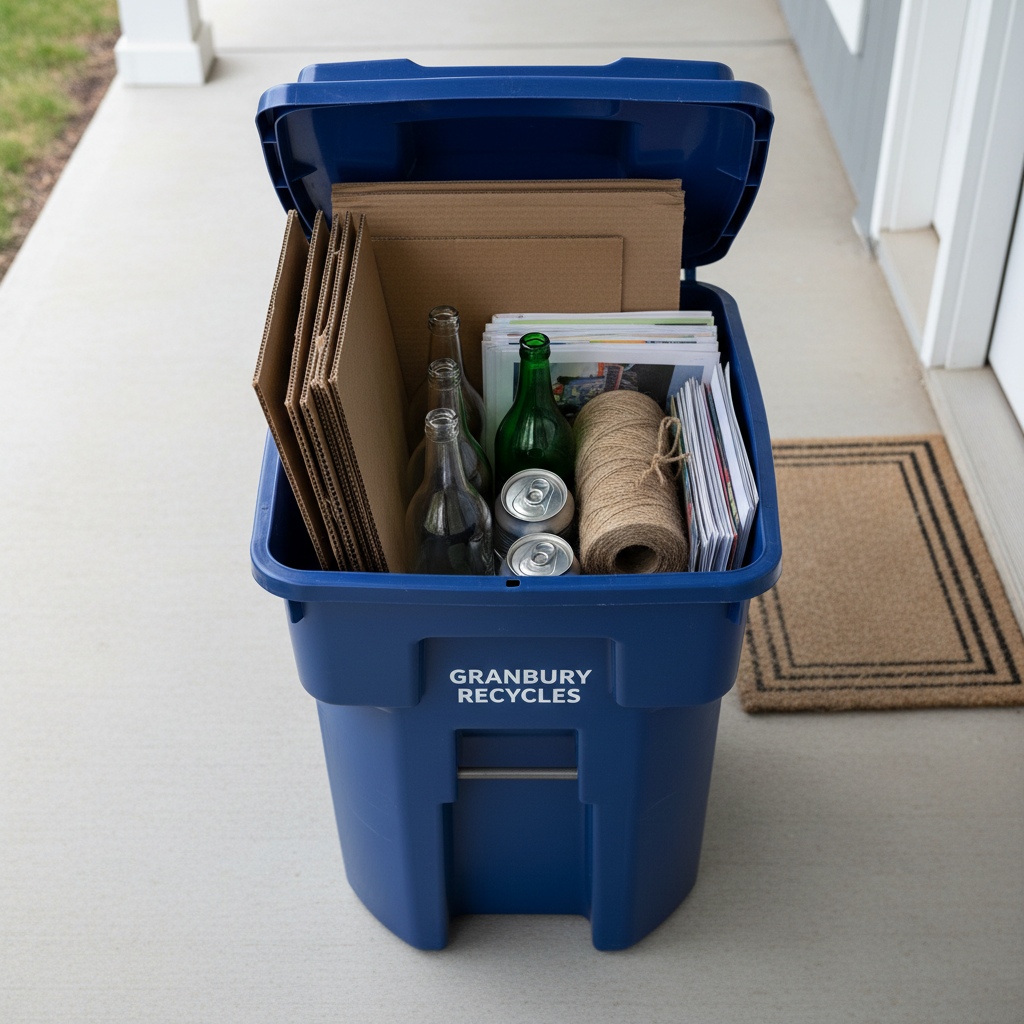 A close-up, top-down view of an open, sturdy blue recycling bin neatly filled with sorted materials: flattened cardboard with visible corrugation, clear and green glass bottles, clean aluminum cans, and neatly stacked paper tied with natural twine. The bin sits on a smooth, light-gray front porch surface beside a neutral-colored doormat and the corner of a white front door. Soft overcast daylight creates even, diffused lighting, revealing textures without harsh shadows. The photographic realism and balanced composition, framed by the porch edges, convey order, responsibility, and the convenience of doorstep recycling pickup for Granbury households.