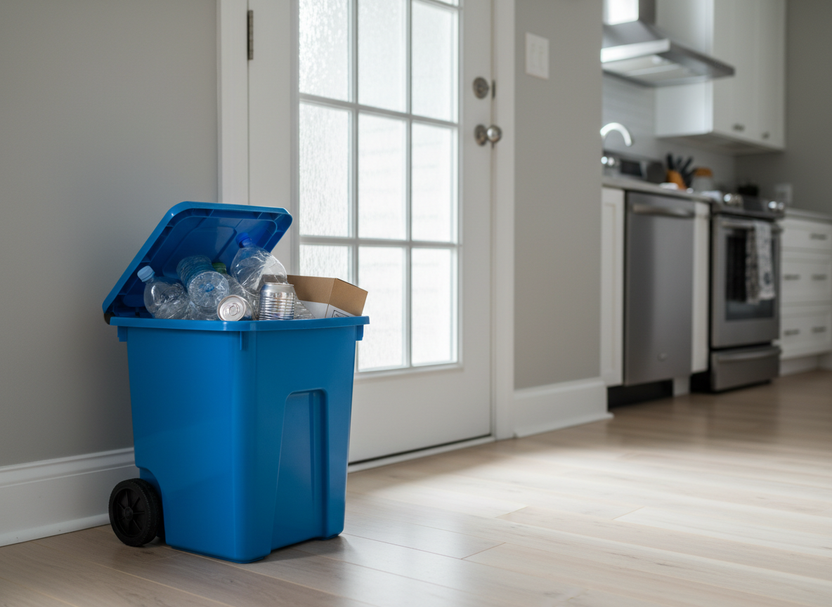 A clean, modern kitchen entryway with a small, wheeled blue recycling cart positioned neatly beside a back door, ready for doorstep pickup. The cart’s lid is partially open, revealing organized, rinsed containers and folded cardboard inside. Light wood flooring, a simple white baseboard, and a glimpse of stainless-steel appliances create a tidy, contemporary environment. Bright but soft morning light filters through the glass in the door, creating gentle reflections on the cart’s smooth plastic and subtle shadows along the floor. Captured at eye level with a shallow depth of field that keeps the cart in crisp focus while softly blurring the kitchen beyond, the photograph feels professional, calm, and reassuring, emphasizing the everyday convenience of scheduled recycling service.